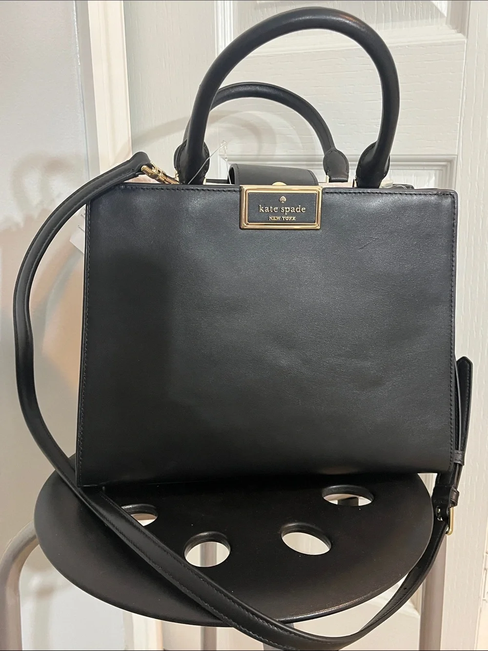 NWT kate spade Black Smooth Leather Structured  Satchel w/Top Handle &Crossbody